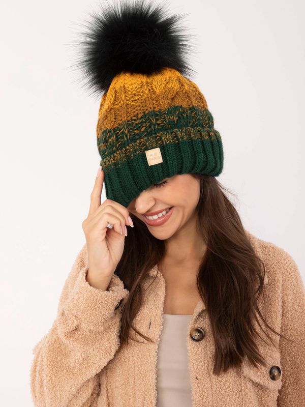 Fashionhunters Dark green and dark yellow hat with pompom RUE PARIS