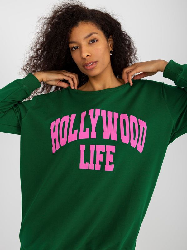 Fashionhunters Dark green and pink oversize long sweatshirt with slogan