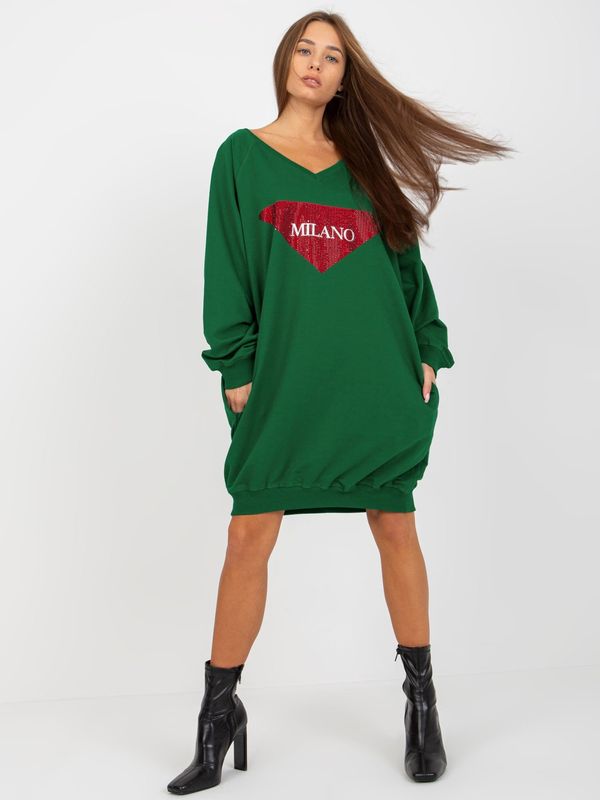 Fashionhunters Dark green long oversize sweatshirt with application