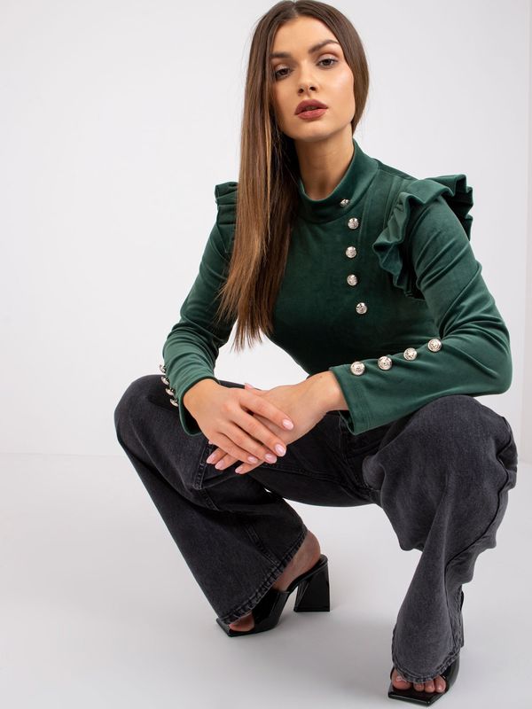 Fashionhunters Dark green velour blouse with Capri ruffles