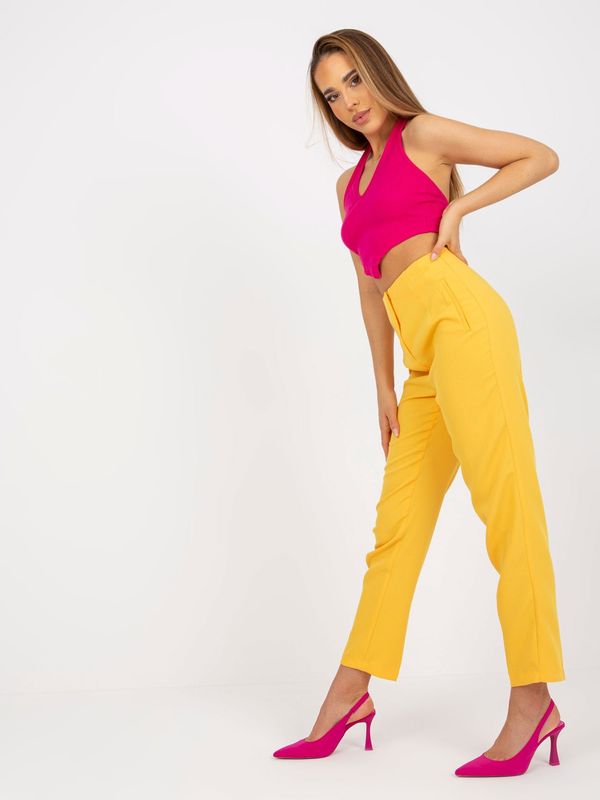 Fashionhunters Dark yellow fabric trousers with straight legs