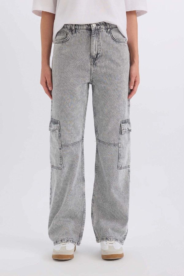 DEFACTO DEFACTO 90's Wide Leg High Waist Straight Leg Long Jean Washed Trousers