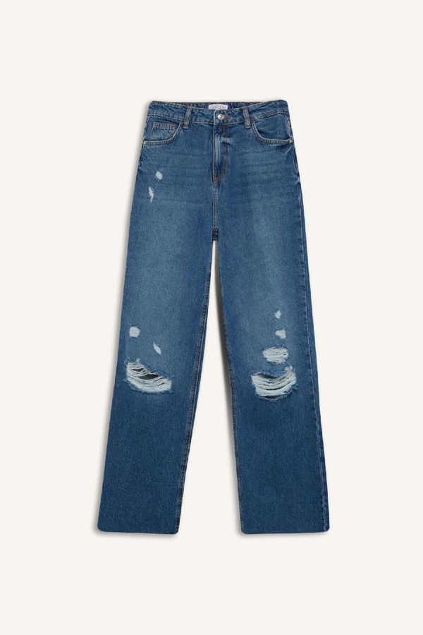 DEFACTO DEFACTO 90's Wide Leg Ripped Detail High Waist Long Jean Washed Trousers