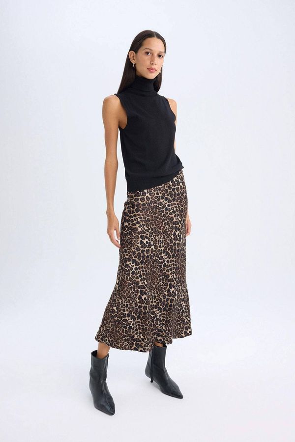 DEFACTO DEFACTO A Cut Leopard Patterned Normal Waist Satin Midi Skirt