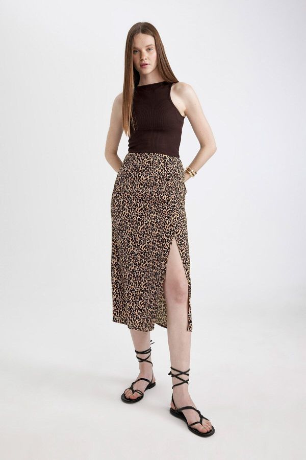 DEFACTO DEFACTO A Form Leopard Patterned Slit Moroccan Midi Skirt