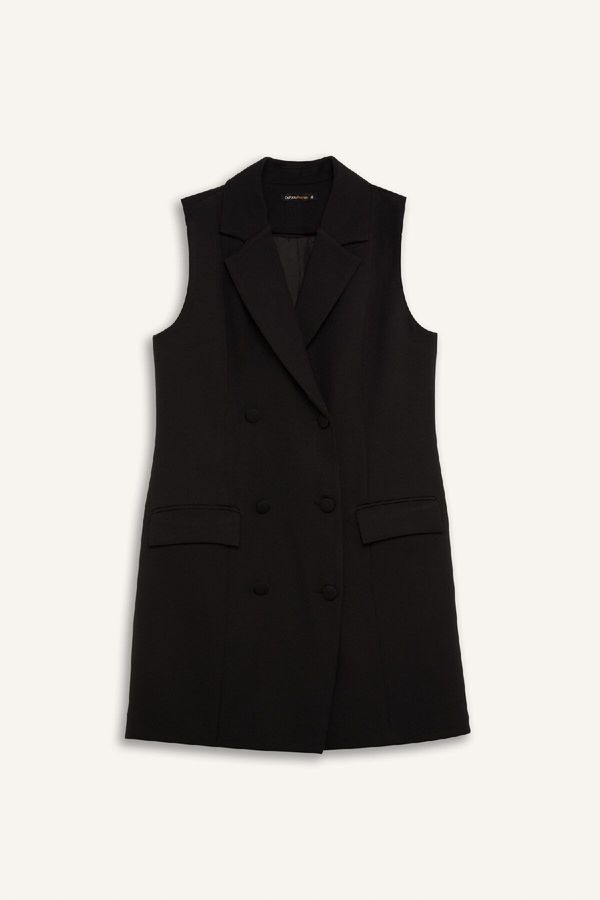 DEFACTO DEFACTO A-Line Double Breasted Buttoned Basic Plain Sleeveless Midi Black Blazer Dress