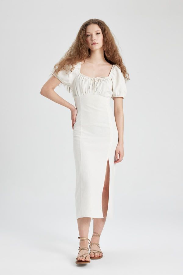 DEFACTO DEFACTO A-Line Gathered Neck Slit White Linen Short Sleeve Midi Dress