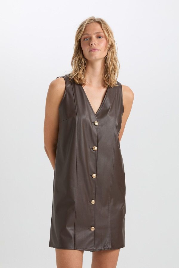 DEFACTO DEFACTO A-Line V-Neck Basic Straight Button Closure Faux Leather Sleeveless Mini Dress