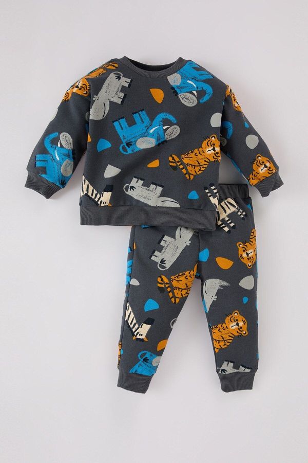 DEFACTO DEFACTO Baby Boy 2-Piece Set Crew Neck Animal Patterned Sweatshirt Elastic Waist Bottom