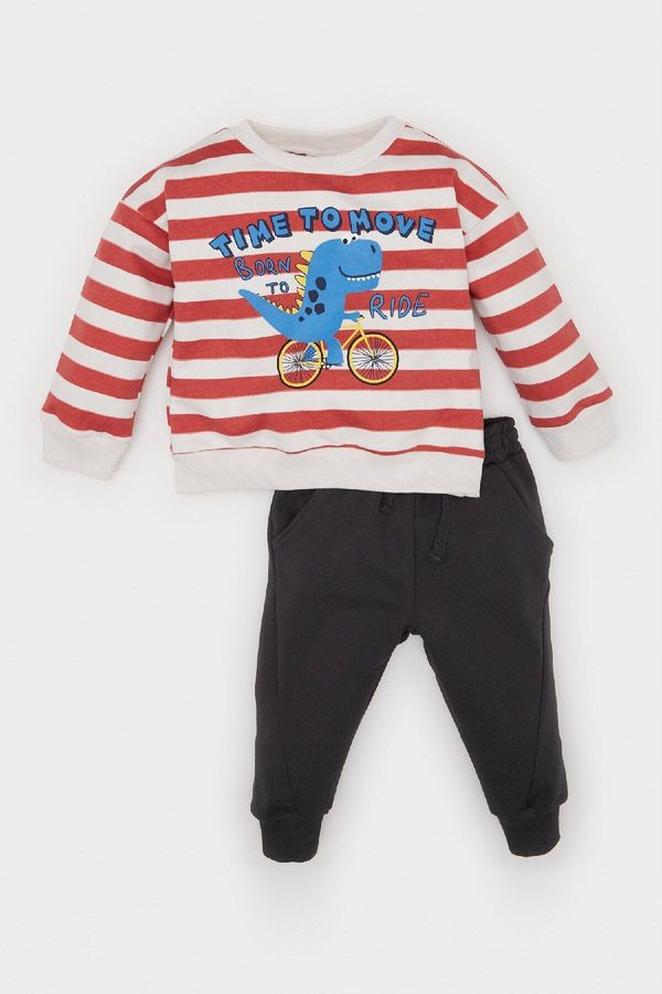 DEFACTO DEFACTO Baby Boy 2-Piece Set Crew Neck Striped Dinosaur Printed Sweatshirt Elastic Waist Tracksuit Bottoms