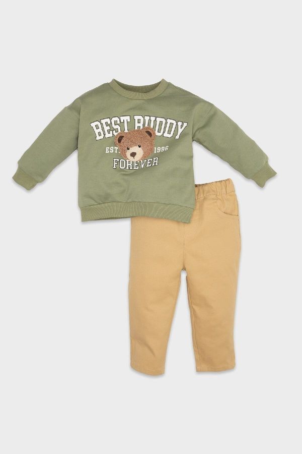 DEFACTO DEFACTO Baby Boy 2-Piece Set Crew Neck Teddy Bear Printed Sweatshirt Elastic Waist Trousers