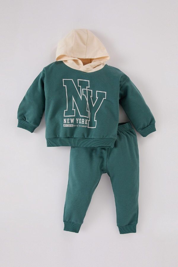 DEFACTO DEFACTO Baby Boy 2-Piece Set Hooded Printed Sweatshirt Elastic Waist Tracksuit Bottoms