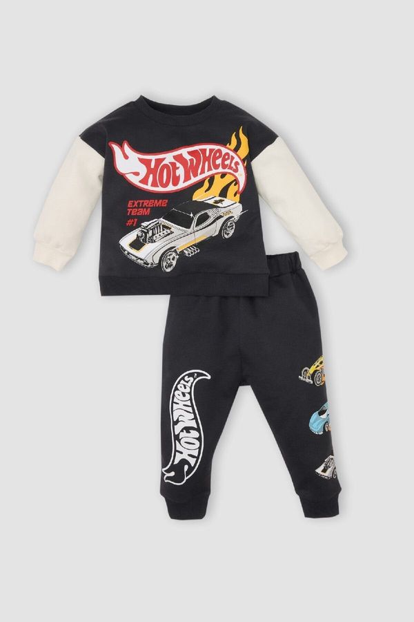 DEFACTO DEFACTO Baby Boy 2-Piece Set Hot Wheels Crew Neck Sweatshirt Elastic Waist Tracksuit Bottoms