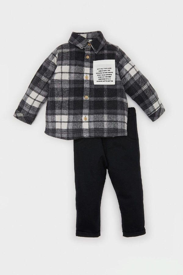 DEFACTO DEFACTO Baby Boy 2-Piece Set Plaid Lumberjack Long Sleeve Shirt Elastic Waist Trousers