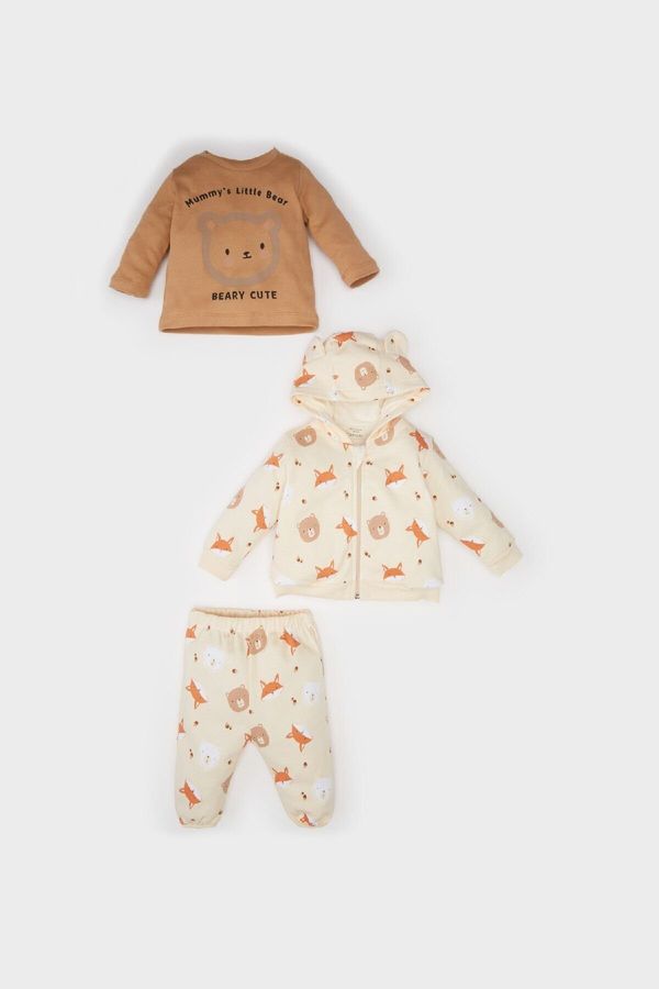 DEFACTO DEFACTO Baby Boy 3-Piece Set Bear Printed Crew Neck Sweatshirt Hooded Cardigan Elastic Waist Bottoms