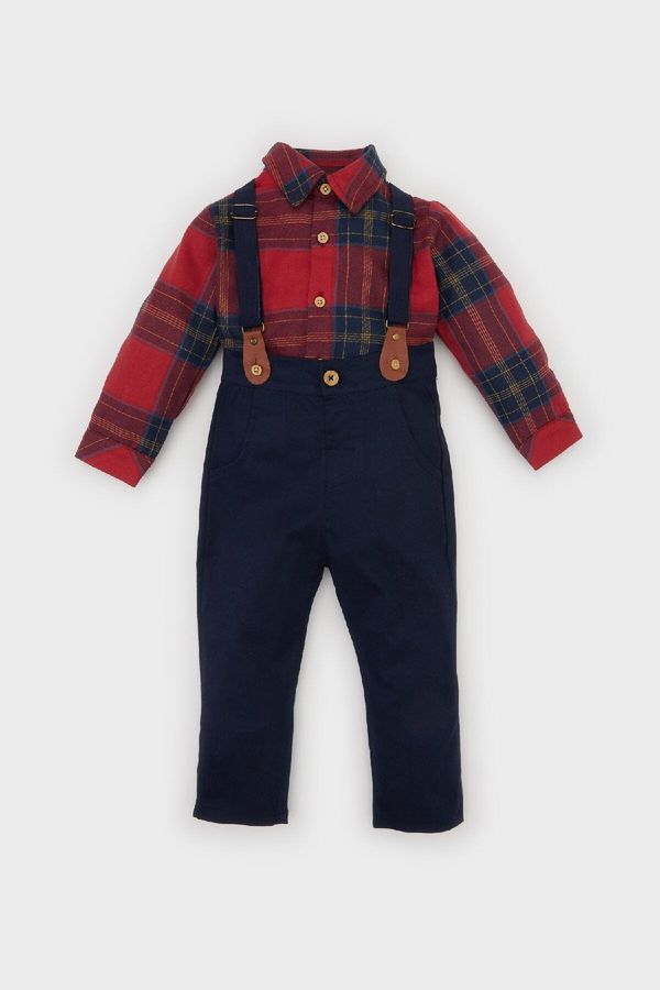 DEFACTO DEFACTO Baby Boy 3-Piece Set Plaid Long Sleeve Shirt Suspender Trousers Pants