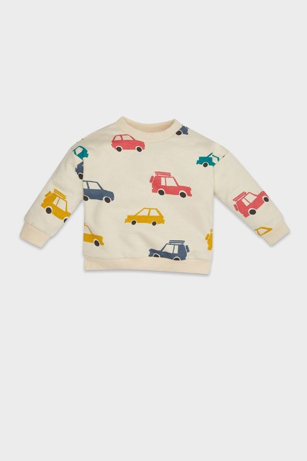 DEFACTO DEFACTO Baby Boy Ecru Regular Fit Crew Neck Vehicle Printed Soft Furry Sweatshirt