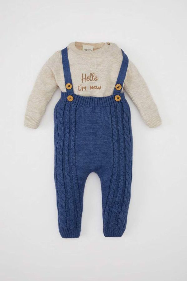 DEFACTO DEFACTO Baby Boy Long Sleeve Printed Knitted Sweater Overalls 2-Piece Set