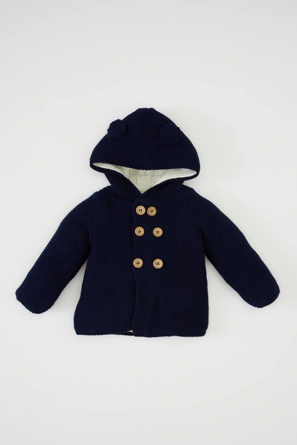 DEFACTO DEFACTO Baby Boy Navy Blue Polar Fleece Thick Double Button Closure Hooded Knitwear Cardigan