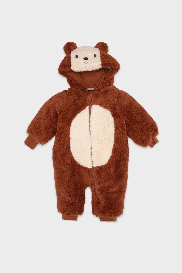 DEFACTO DEFACTO Baby Boy Newborn Brown Zippered Plush Jumpsuit with Hat