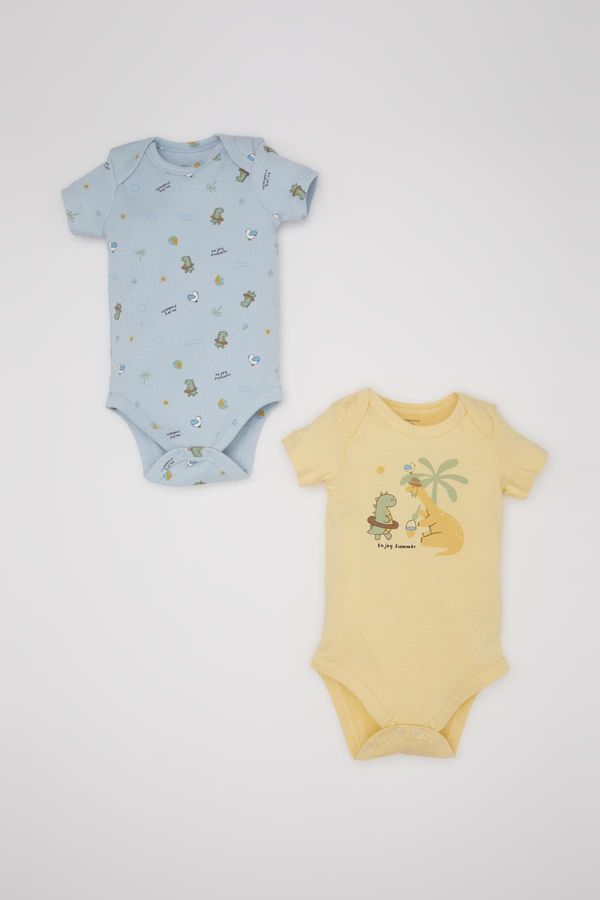 DEFACTO DEFACTO Baby Boy Newborn Envelope Collar Dinosaur Printed Ribbed Camisole 2-Piece Short Sleeve Snap Fastener Body C8820