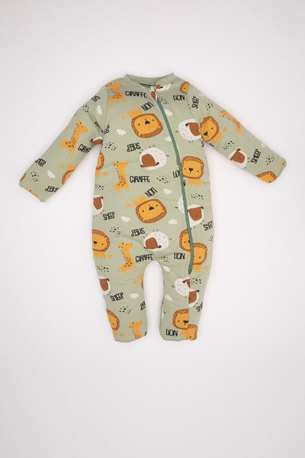 DEFACTO DEFACTO Baby Boy Newborn Green Zippered Animal Patterned Long Sleeve Cotton Jumpsuit