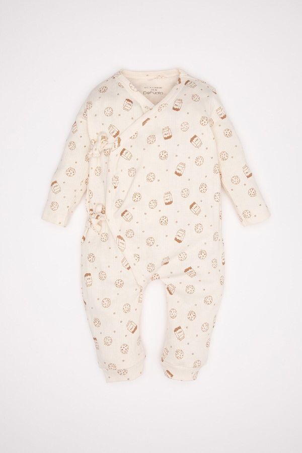 DEFACTO DEFACTO Baby Boy Newborn White Tied Patterned Long Sleeve Jumpsuit