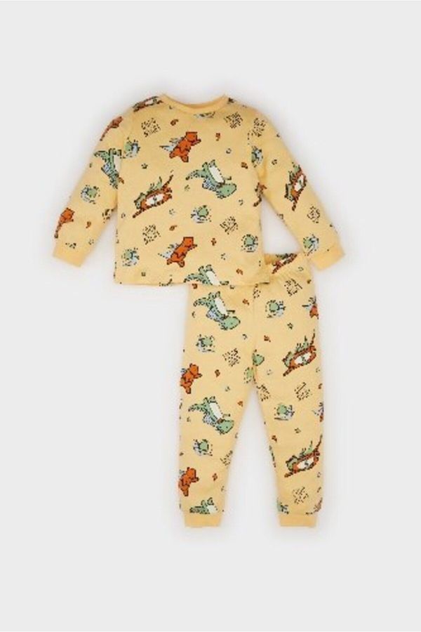 DEFACTO DEFACTO Baby Boy Pajama Set Crew Neck Dinosaur Printed Long Sleeve Top Elastic Waist Long Bottom