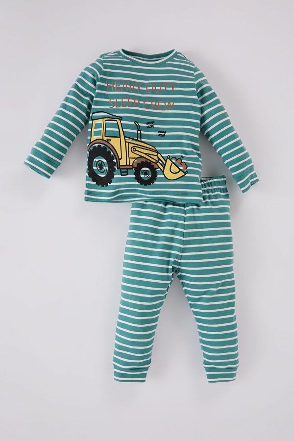 DEFACTO DEFACTO Baby Boy Pajama Set Vehicle Printed Striped Crew Neck Long Sleeve Top Long Bottom