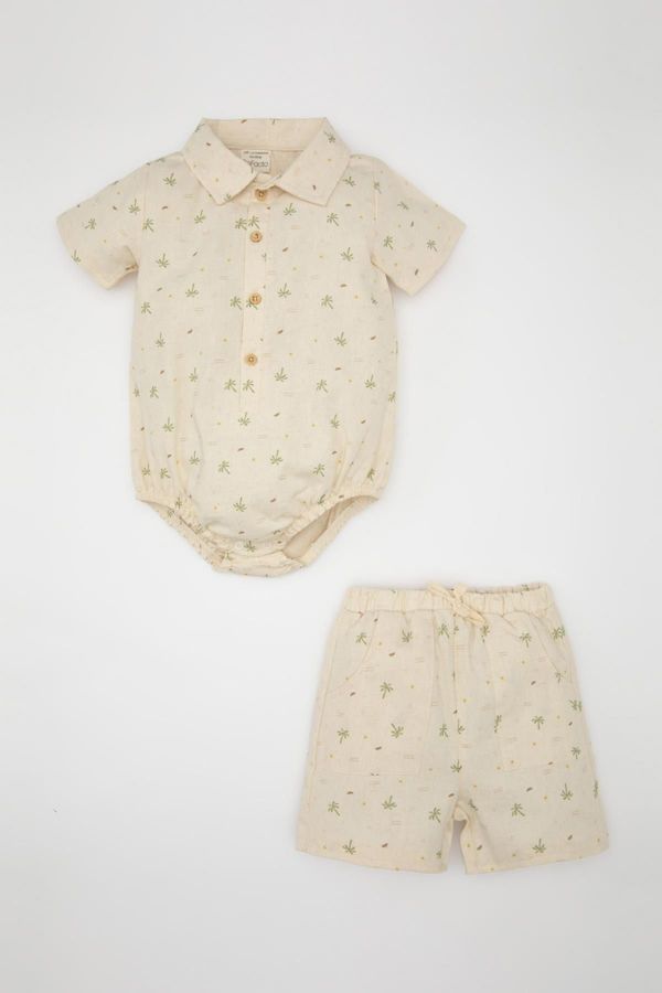 DEFACTO DEFACTO Baby Boy Palm Patterned Short Sleeve Snap-On Bodysuit Shorts Muslin 2-Piece Set