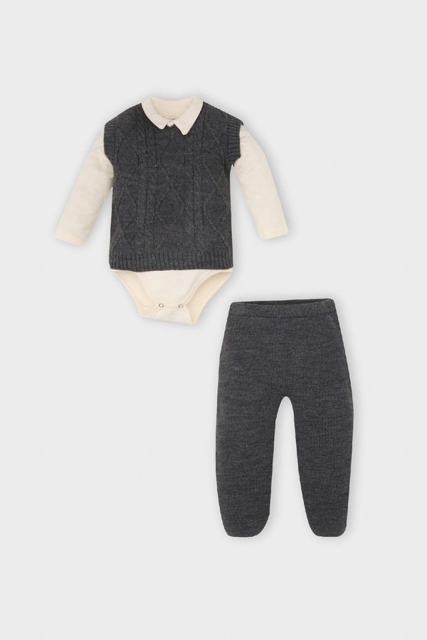 DEFACTO DEFACTO Baby Boy Polo Collar Buttoned Long Sleeve Snap Body Knit Patterned Knitwear Sweater with Elastic Waistband