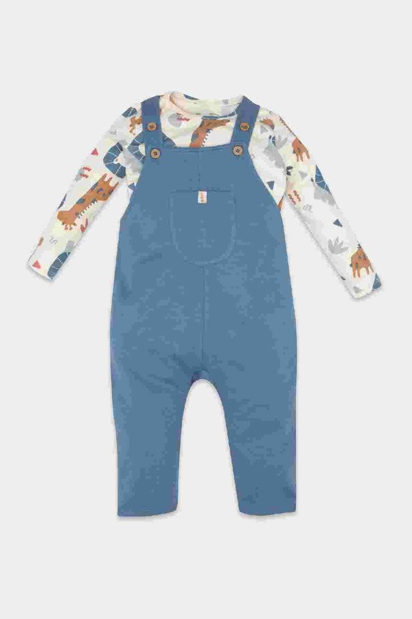 DEFACTO DEFACTO Baby Boy Safari Patterned Long Sleeve T-Shirt Adjustable Overalls 2-Piece Set