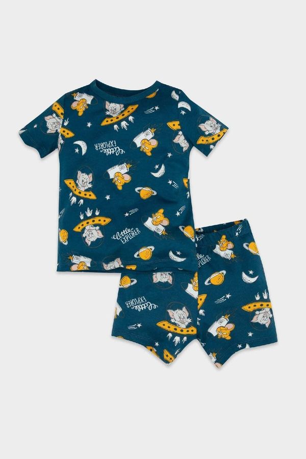 DEFACTO DEFACTO Baby Boy Tom & Jerry Printed Short Sleeve Shorts Cotton Combed Cotton Pajama Set