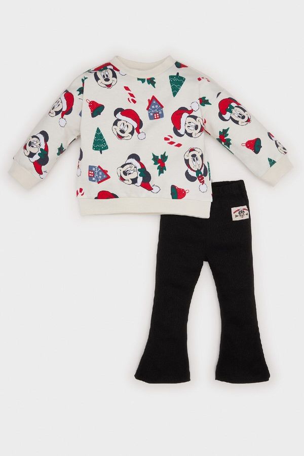 DEFACTO DEFACTO Baby Girl 2-Piece Set Disney Mickey & Minnie Crew Neck Sweatshirt Bell Bottom