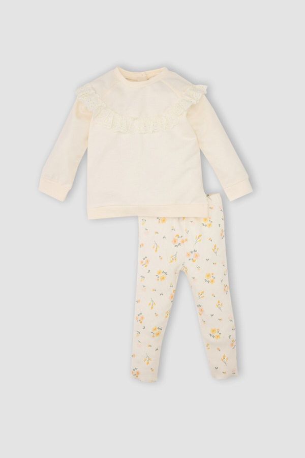 DEFACTO DEFACTO Baby Girl 2-Piece Set Embroidered Crew Neck Sweatshirt Top Elastic Waist Floral Bottom