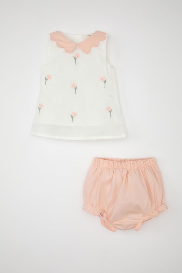DEFACTO DEFACTO Baby Girl 2-Piece Set Embroidered Sleeveless Blouse Top Linen Panties Bottom