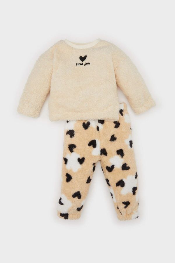 DEFACTO DEFACTO Baby Girl 2-Piece Set Heart Patterned Plush Sweatshirt Elastic Waist Bottom