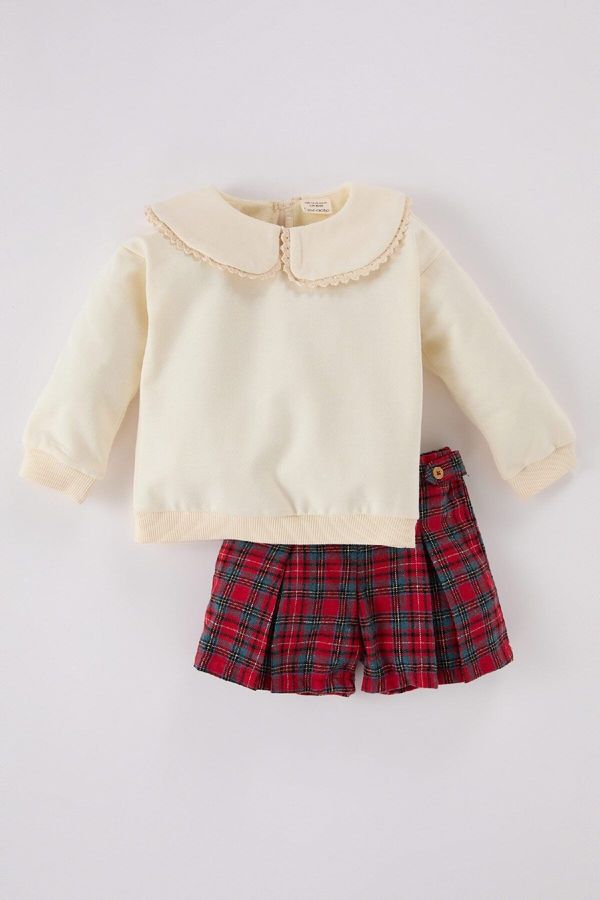 DEFACTO DEFACTO Baby Girl 2-Piece Set Large Collar Long Sleeve Top Plaid Shorts