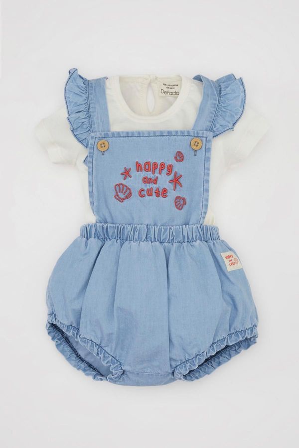 DEFACTO DEFACTO Baby Girl 2-Piece Set Short Sleeve T-Shirt Top Soft Embroidered Jean Overalls