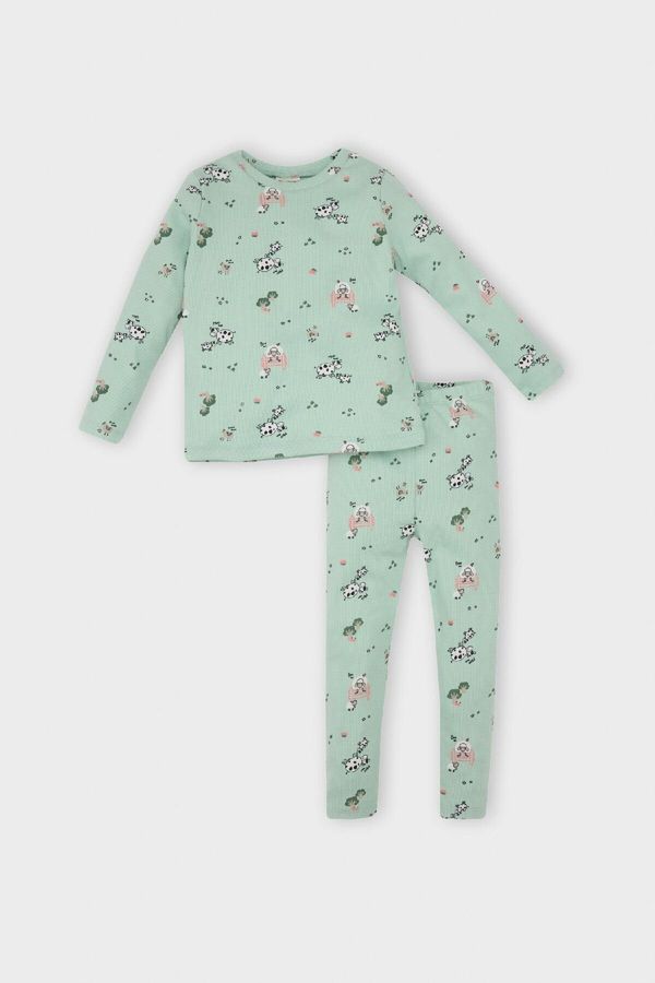 DEFACTO DEFACTO Baby Girl Animal Patterned Ribbed Camisole Long Sleeve Top Long Bottom Pajama Set