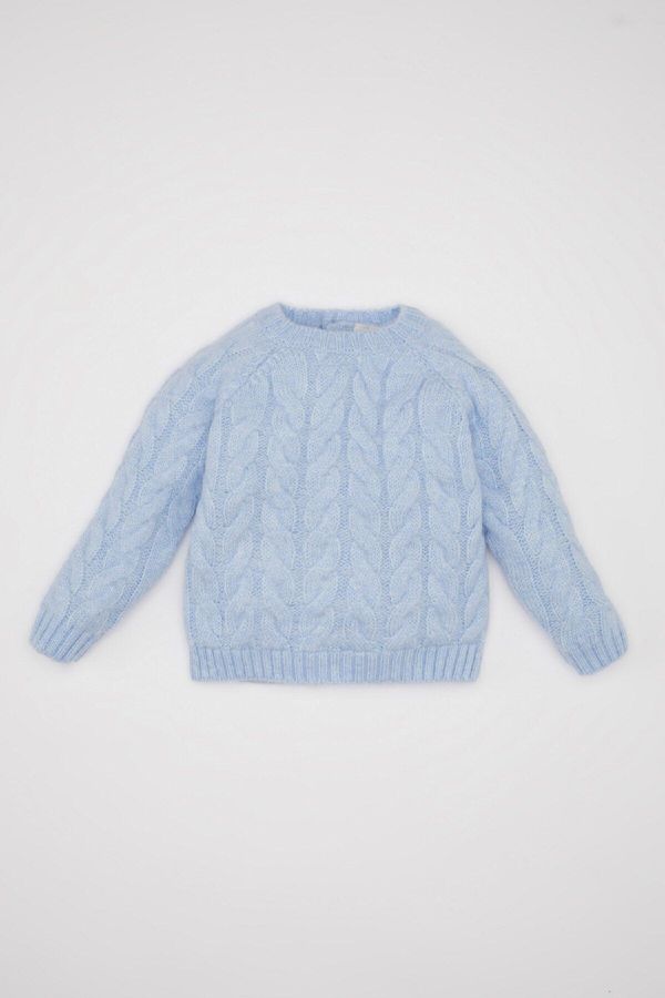 DEFACTO DEFACTO Baby Girl Blue Crew Neck Knitted Patterned Sweater