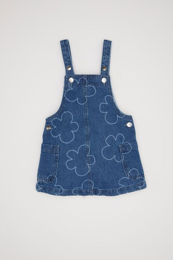 DEFACTO DEFACTO Baby Girl Blue Floral Patterned Buttoned Jean Overalls