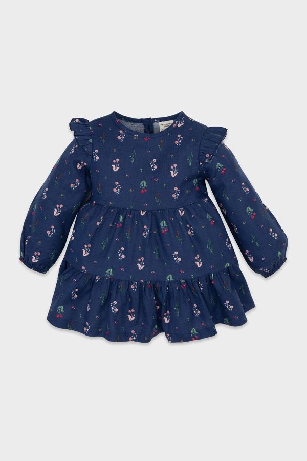 DEFACTO DEFACTO Baby Girl Crew Neck Floral Patterned Ruffle Detail Long Sleeve Twill Dress