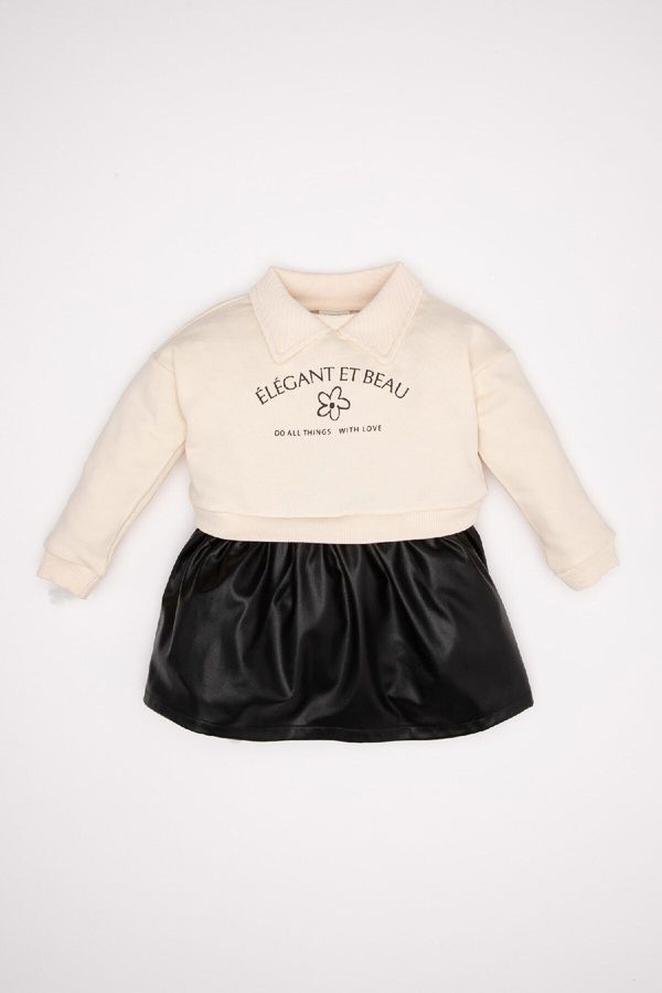 DEFACTO DEFACTO Baby Girl Crew Neck Floral Printed Faux Leather Skirted Long Sleeve Sweatshirt Dress