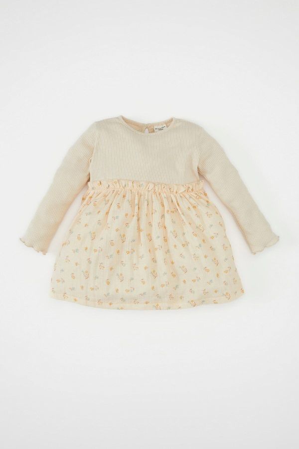 DEFACTO DEFACTO Baby Girl Crew Neck Long Sleeve Corduroy Skirt Floral Patterned Camisole Dress