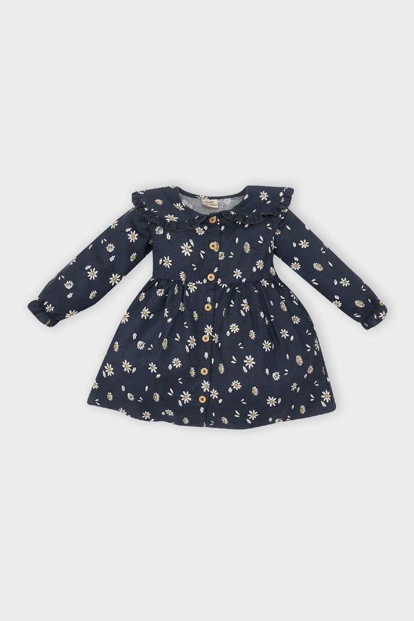 DEFACTO DEFACTO Baby Girl Floral Long Sleeve Ruffle Collar Twill Dress