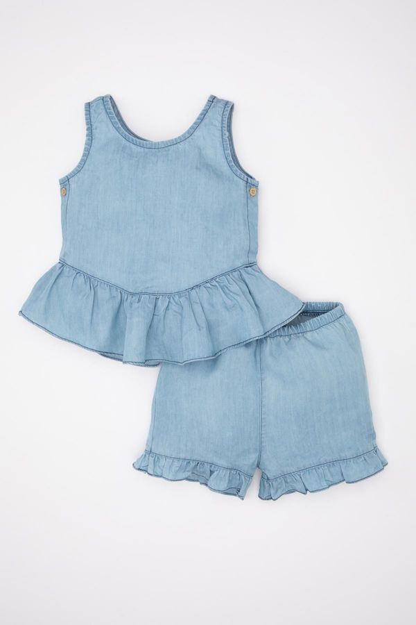 DEFACTO DEFACTO Baby Girl Jean Look Sleeveless Ruffle Blouse and Shorts Set of 2