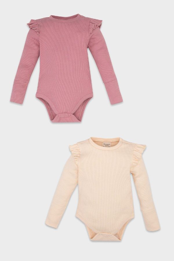 DEFACTO DEFACTO Baby Girl Newborn Beige Buttoned Crew Neck Ribbed 2-Piece Long Sleeve Snap Bodysuit