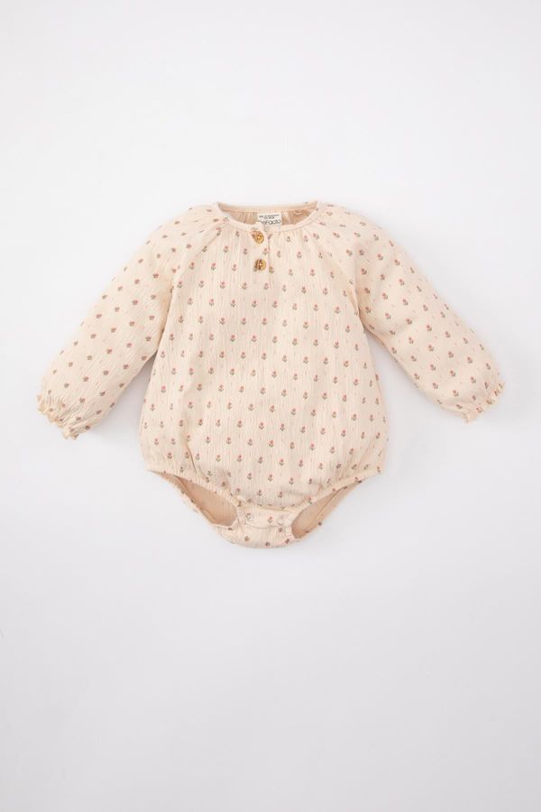 DEFACTO DEFACTO Baby Girl Newborn Buttoned Collar Floral Crinkle Fabric Long Sleeve Snap Snap Body