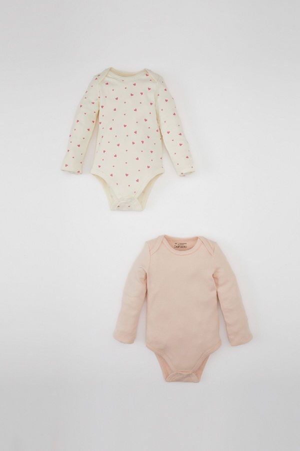 DEFACTO DEFACTO Baby Girl Newborn Ecru Buttoned Snap Envelope Collar Heart Patterned 2-Piece Long Sleeve Snap Bodysuit